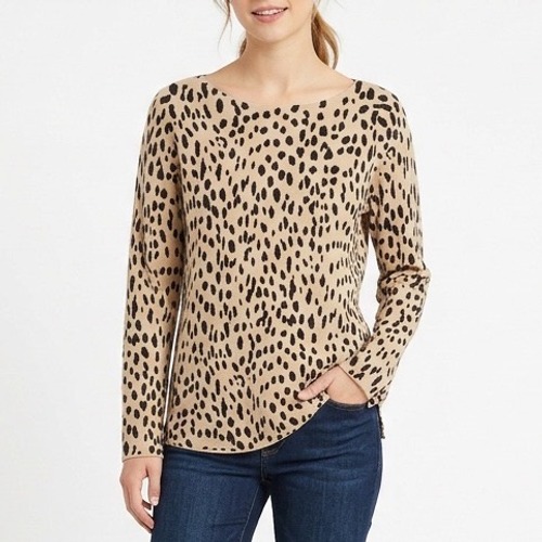 Chicos Sweater Womens Beige Black Knitted Leopard Print Boat Neck Long Sleeve